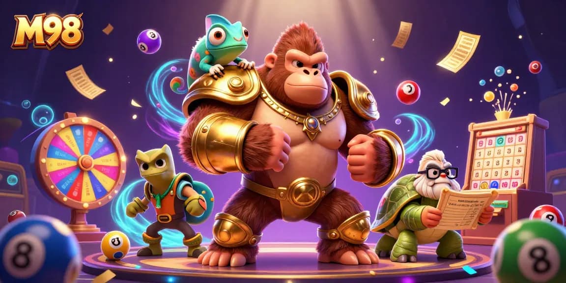 M98's vibrant gambling adventure featuring colorful lottery elements and dynamic characters.