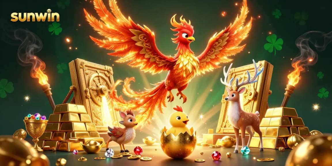 Engage with thrilling games at sunwin, featuring a vibrant illustration of a phoenix and jewels.