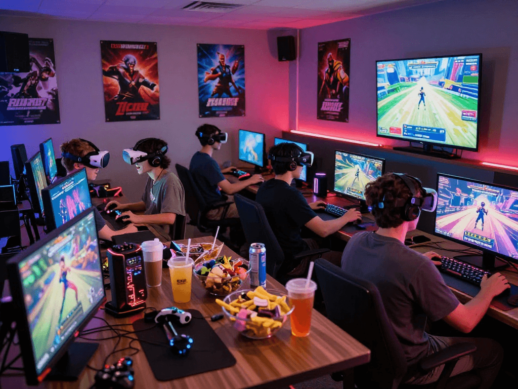 Group of friends enjoying adult games in a colorful gaming lounge