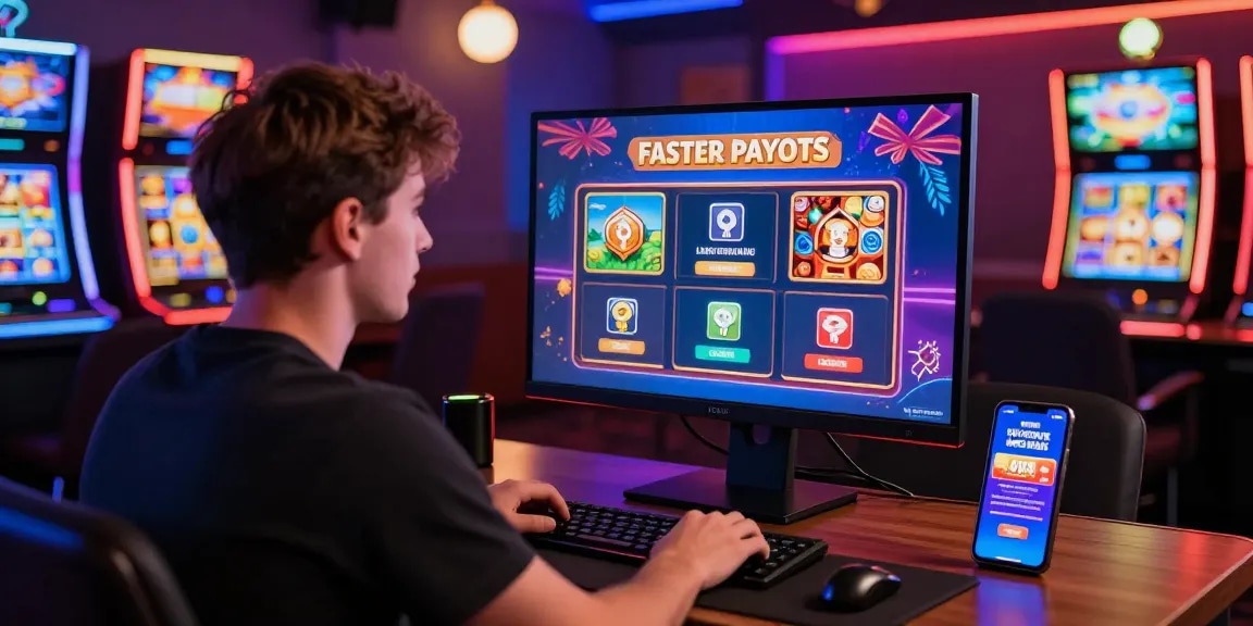 UK player exploring non UK casinos on a desktop surrounded by gaming graphics and crypto payment options