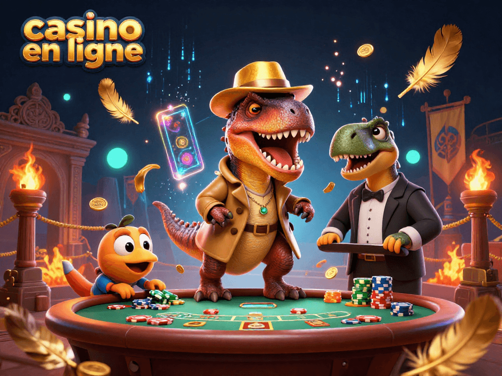 Le velociraptor dans un casino en ligne, bluffant à la table de blackjack avec une ambiance ludique pleine de paillettes et de pièces.