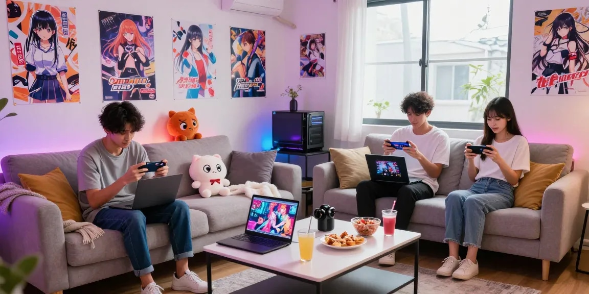 Engaged gamers exploring ecchi games in a cozy living room.