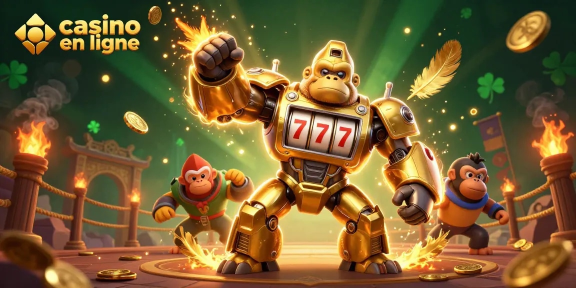 Le gorille d'or mech interagissant avec des éléments de casino en ligne et explosant de pièces.