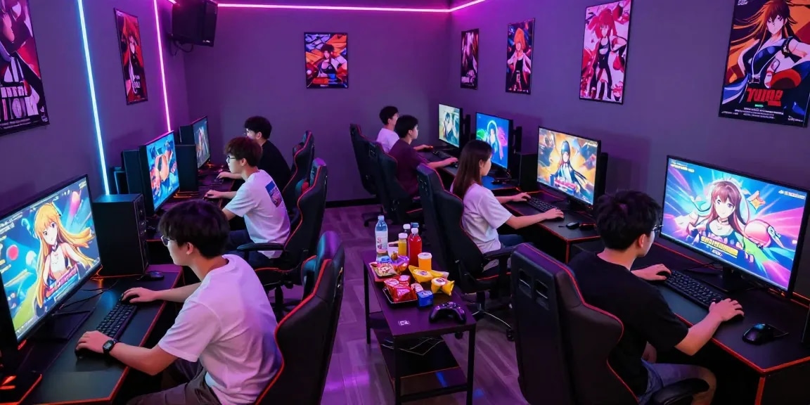 Engaged gamers enjoying a dynamic hentai game session in an inviting lounge setting filled with neon lights.