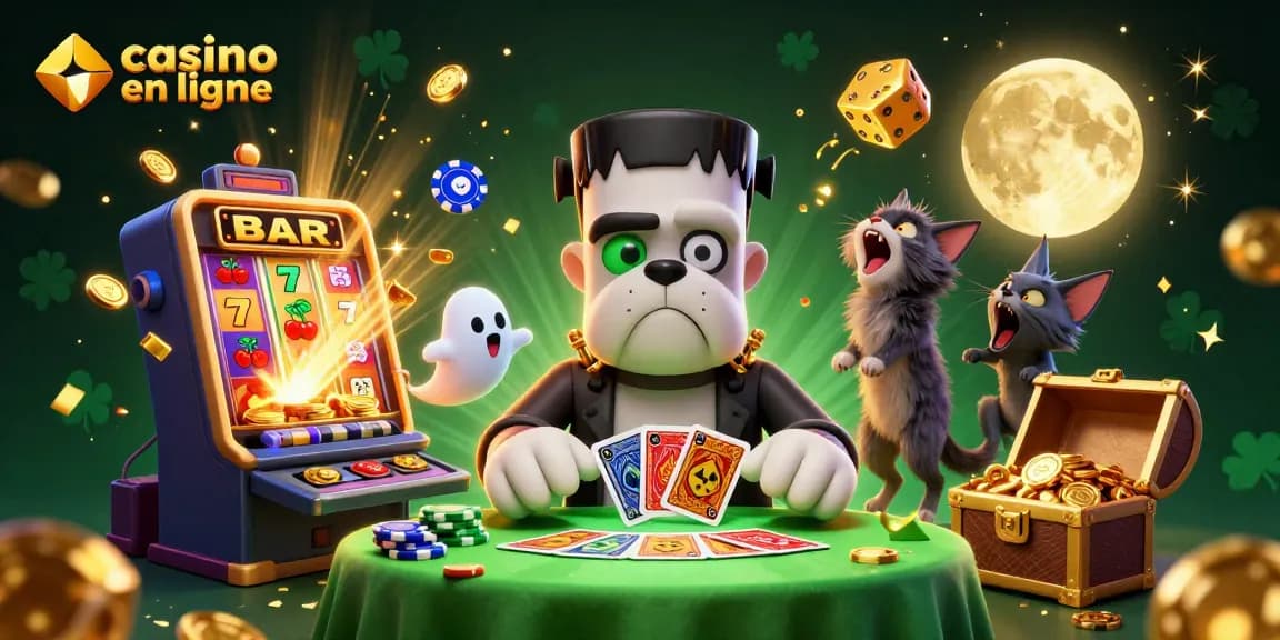 Casino en ligne avec un bulldog Frankenstein et un chat-garou, joueur autour d'un tapis de jeu animé.