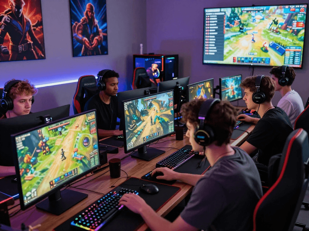 Engaged gamers in a vibrant gaming room showcasing lemon121 platform, featuring advanced setups and competitive atmosphere.