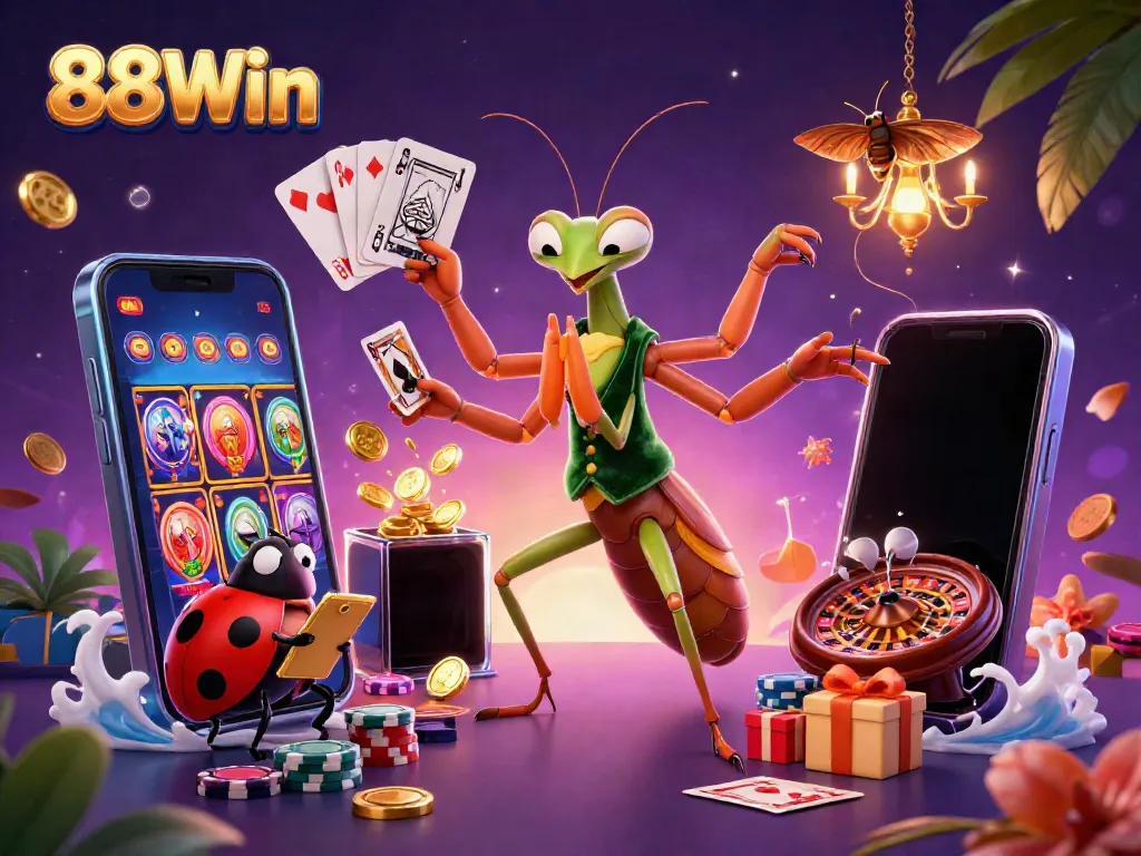 88Win offers an exciting gambling scene with a cartoon praying mantis card sharp and ladybug pit boss dealing cards and celebrating.
