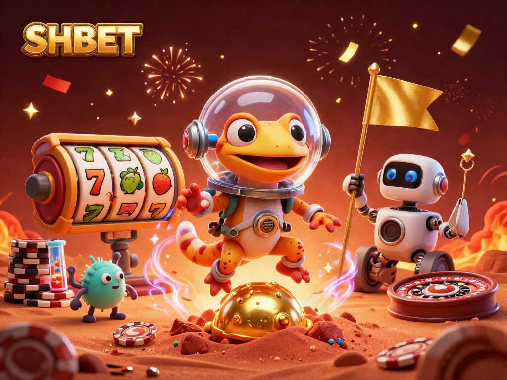 SHBET unveils a vibrant casino adventure featuring a Martian gecko exploring a golden gaming paradise.