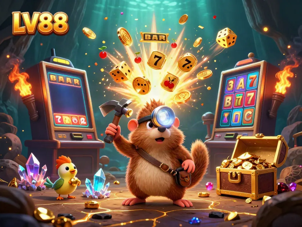 Experience the excitement of LV88 with treasures and vibrant casino action in a magical mining scene.