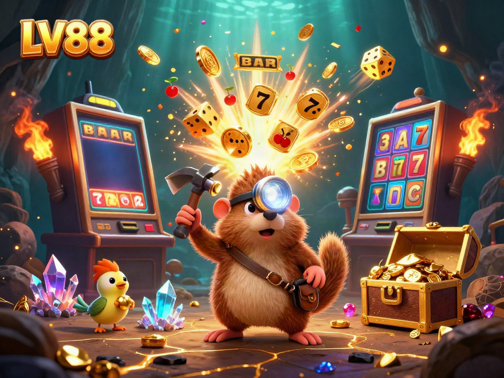 Experience the excitement of LV88 with treasures and vibrant casino action in a magical mining scene.