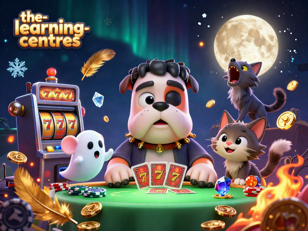 The-learning-centres showcases a whimsical gambling scene with a cartoon bulldog dealer, ghostly elements, and vibrant casino imagery.