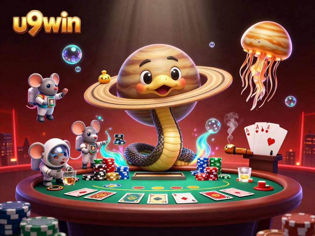 u9win showcases a vibrant 3D casino scene featuring betting astronaut mice and a cosmic jellyfish dealer.