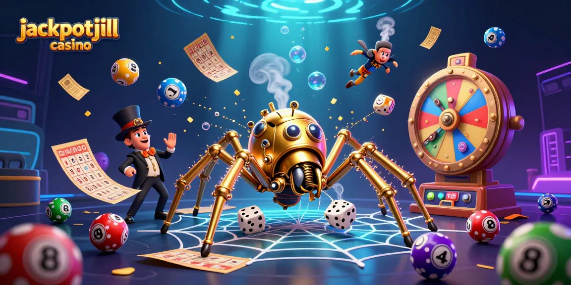 Visualize jackpotjill casino with a steampunk spider, lotto elements, and a fun Victorian fly in a dynamic scene.