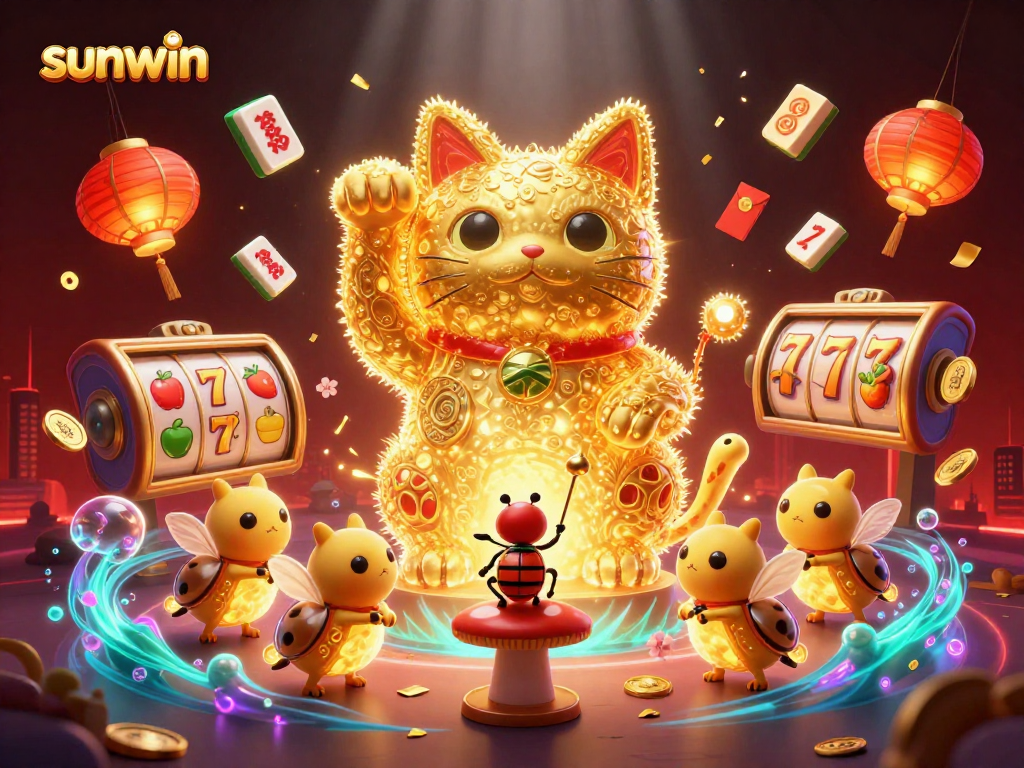 Experience the excitement with sunwin's captivating 3D illustration showcasing dynamic casino symbols.