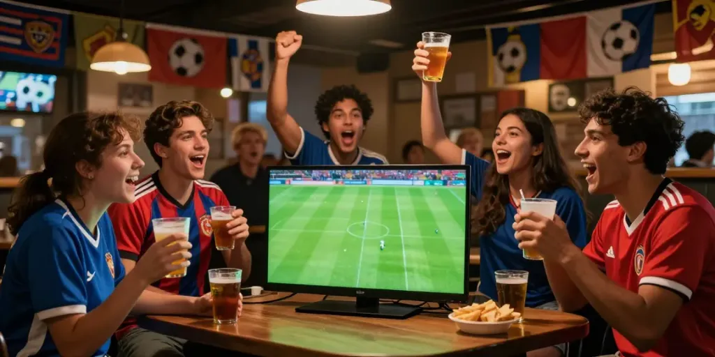 Football fans enjoying the live match at tebakskor889.org's featured sports bar event.