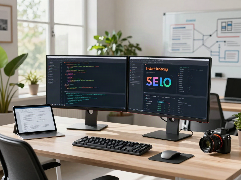 Instant indexing strategies showcased in a modern tech workspace with a developer at dual monitors.