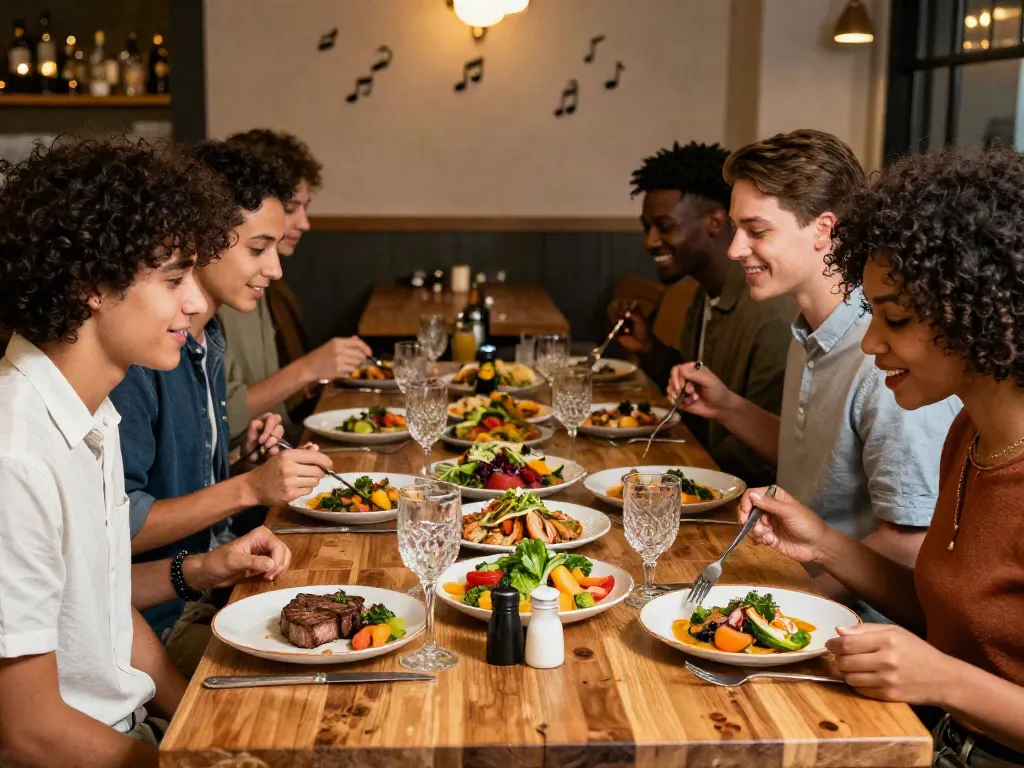 Friends enjoying a meal at Bedford Social Club, showcasing vibrant dishes and warm ambiance in 2026.