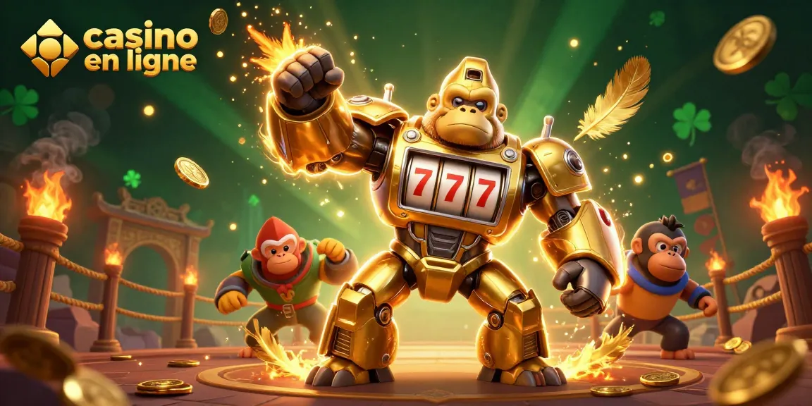 Le gorille d'or mech interagissant avec des éléments de casino en ligne et explosant de pièces.