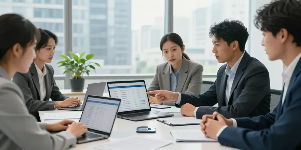 Collaborative team discussing how to register .co.uk domain name in a modern office setting.