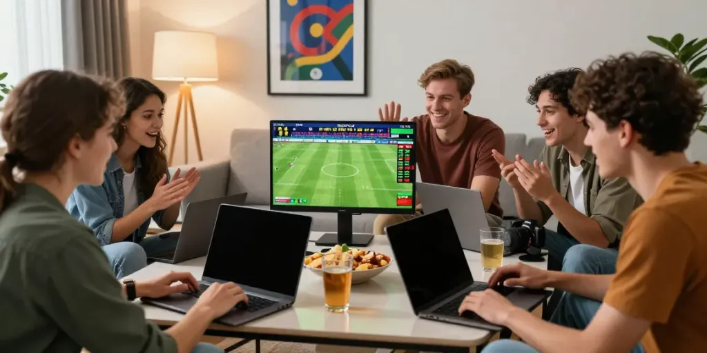 Excited friends enjoying a DewaGG online betting experience while watching a football match.