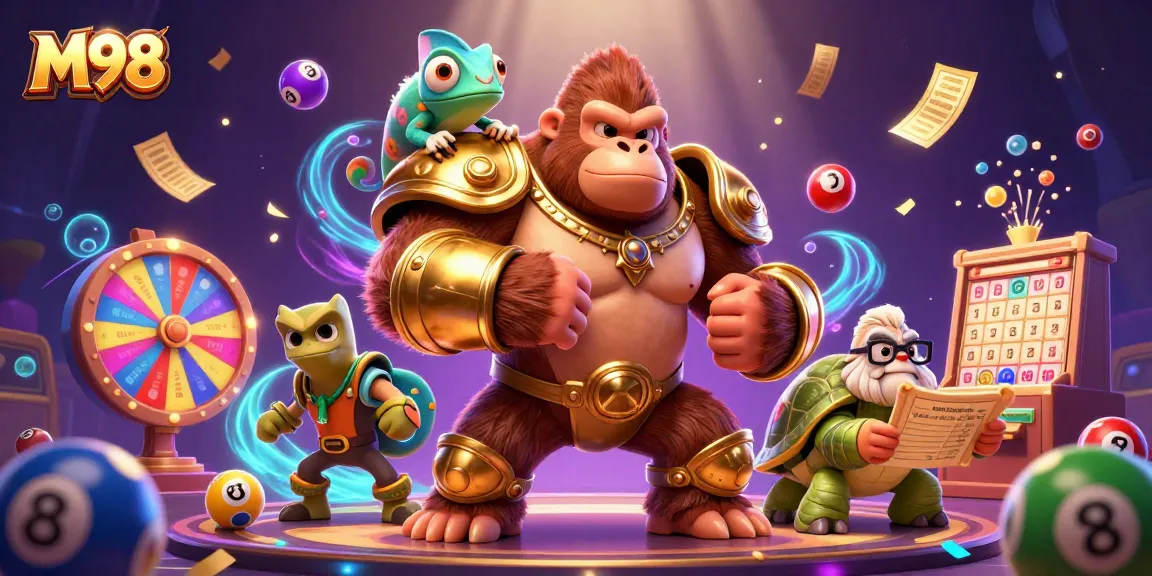 M98's vibrant gambling adventure featuring colorful lottery elements and dynamic characters.