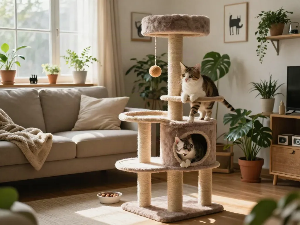 Playful cat exploring a multi-level cat tree in a cozy indoor living room filled with natural light.