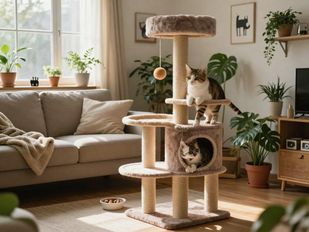 Playful cat exploring a multi-level cat tree in a cozy indoor living room filled with natural light.
