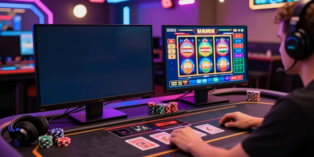 Player enjoying live dealer games at Vegas88 casino setup with vibrant lighting.