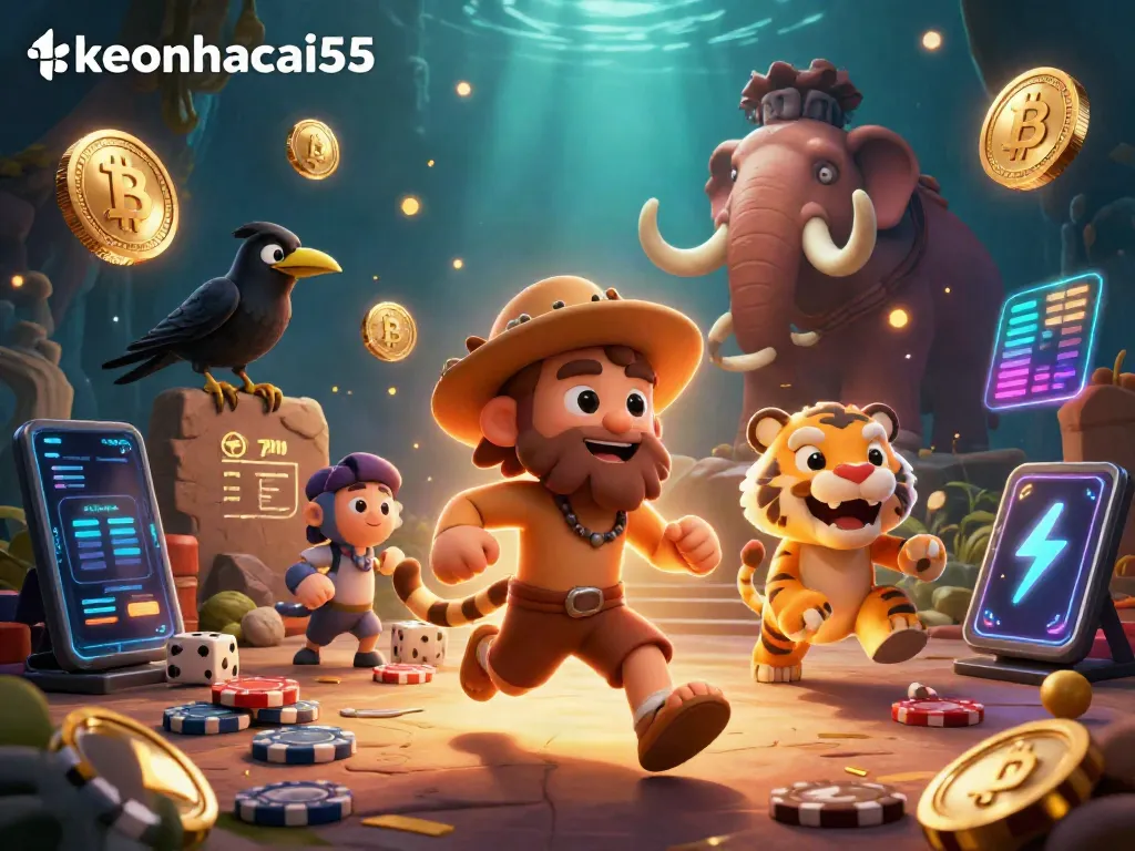 Play at keonhacai55's prehistoric casino with caveman characters, colorful crypto coins, and engaging gambling elements.