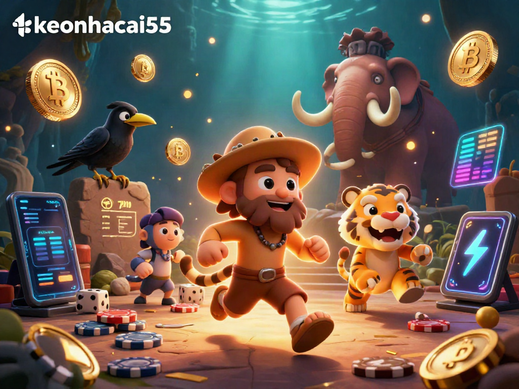 Play at keonhacai55's prehistoric casino with caveman characters, colorful crypto coins, and engaging gambling elements.