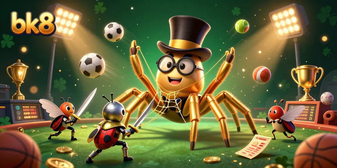 Engage in thrilling games at BK8 with a dynamic casino scene featuring a golden tarantula and sports elements.