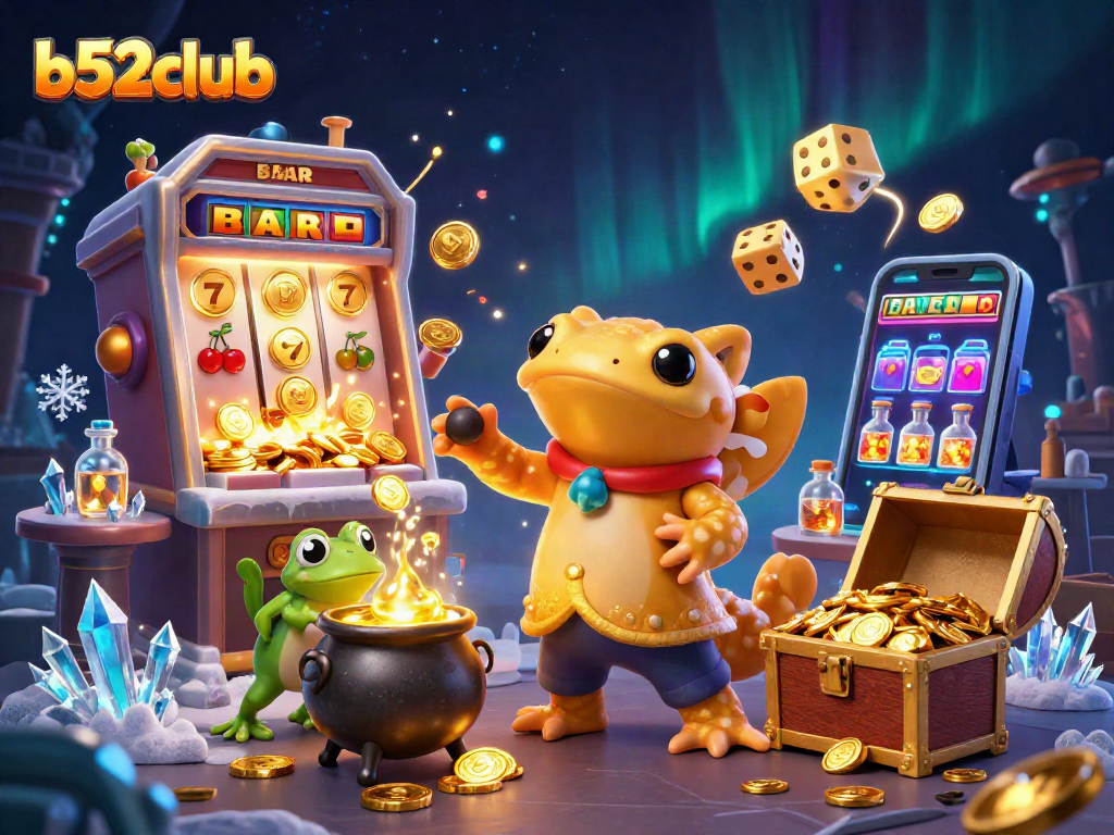 Bets come alive at b52club with a giant golden salamander alchemist revealing riches in a vibrant casino scene.