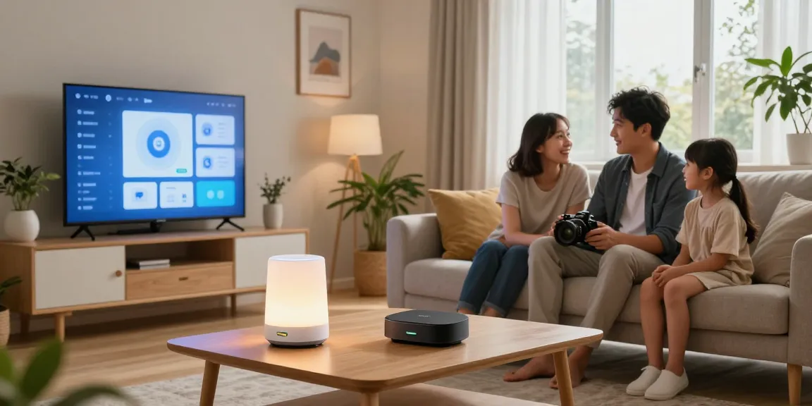 A modern living room featuring IKEA smart home products, showcasing a family interacting with smart devices in a cozy atmosphere.