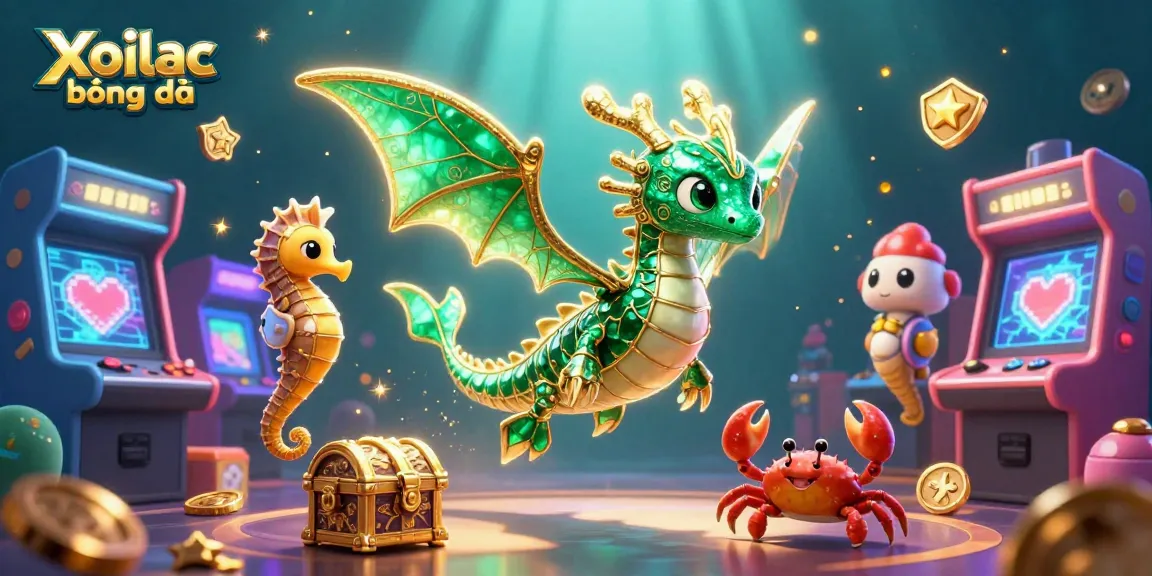 Xoilac bóng đá brightens the scene with emerald sea dragons and vibrant gaming icons.