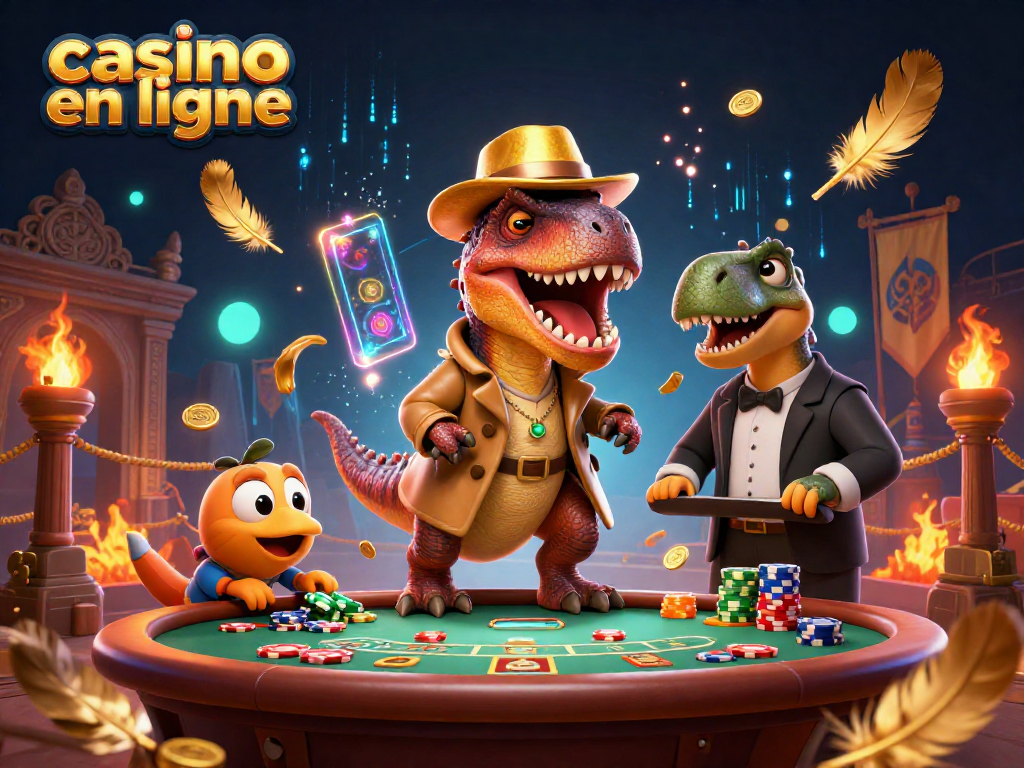 Le velociraptor dans un casino en ligne, bluffant à la table de blackjack avec une ambiance ludique pleine de paillettes et de pièces.