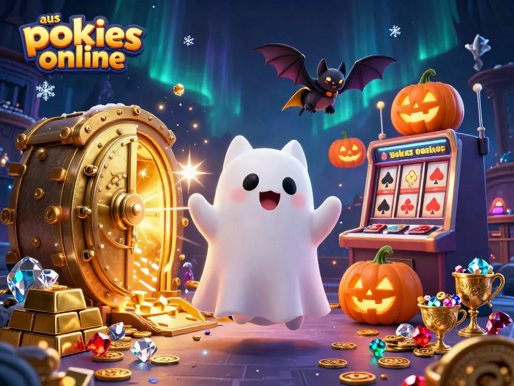 Explore aus pokies online with a ghost cat and bat amidst treasure in a haunted casino.