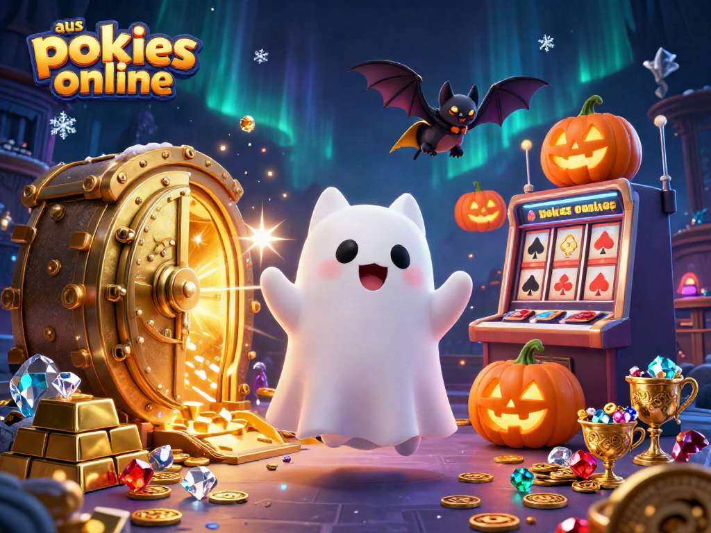 Explore aus pokies online with a ghost cat and bat amidst treasure in a haunted casino.