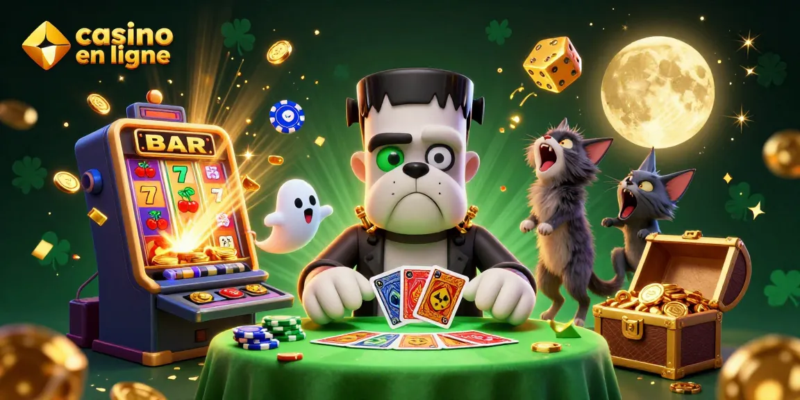 Casino en ligne avec un bulldog Frankenstein et un chat-garou, joueur autour d'un tapis de jeu animé.
