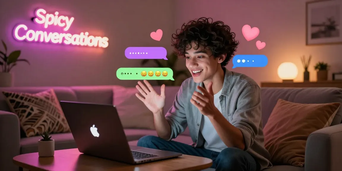 Immersive NSFW AI chat interaction with animated character on laptop.