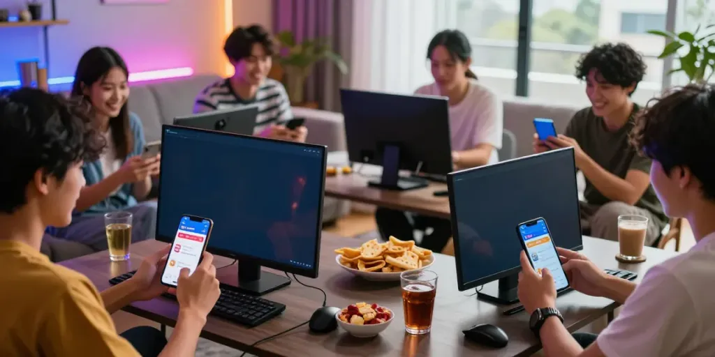 Dewatogel game night with friends enjoying a lively online betting experience in a modern living room.