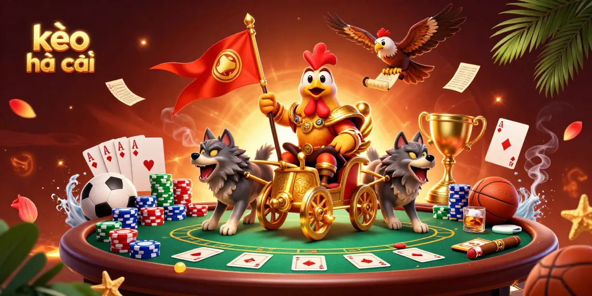 Engage with kèo nhà cái offerings, featuring a dynamic scene with sports betting elements and a colorful poker setup.