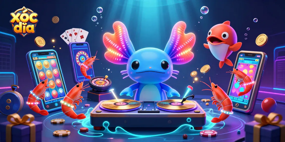 A vibrant xóc đĩa scene with neon characters spinning slot games and poker chips in a lively underwater party.