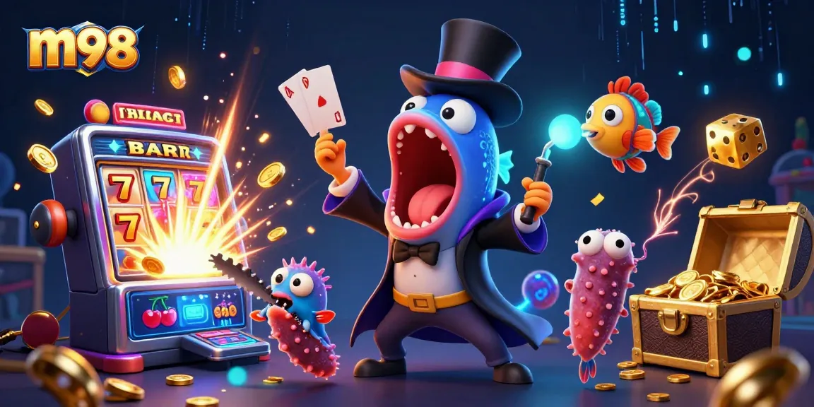 Experience m98's excitement with a vibrant casino scene featuring immersive games and unique characters.