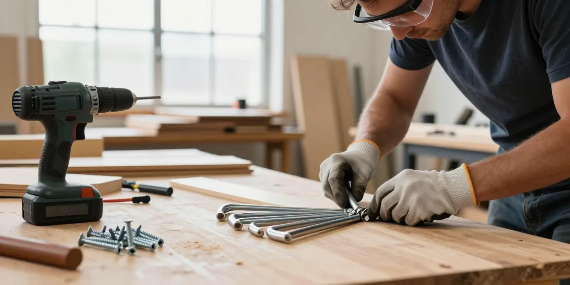 Craftsman using allen keys to assemble furniture in a bright workshop.