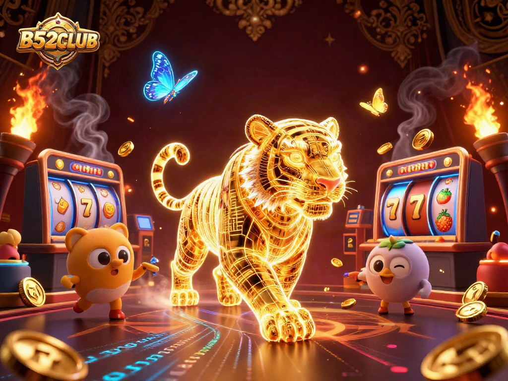 Bets increase at B52CLUB with the golden tiger and jackpot symbols illuminating the casino.