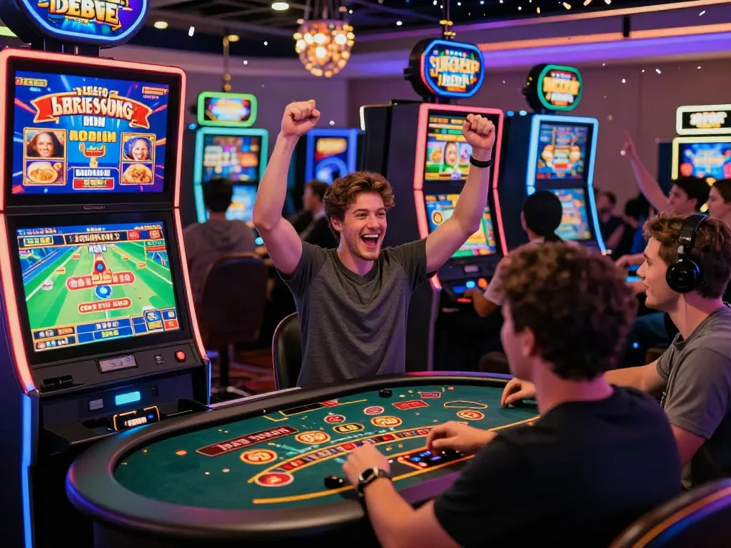 Excited players celebrating a big win at DEBET online casino featuring diverse games and a vibrant atmosphere.