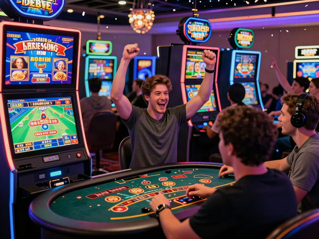Excited players celebrating a big win at DEBET online casino featuring diverse games and a vibrant atmosphere.