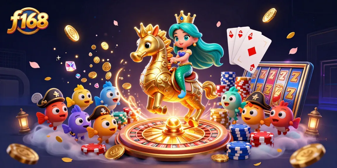 Engage with f168's exciting casino experience featuring a mermaid princess, seahorse, and vibrant game elements.