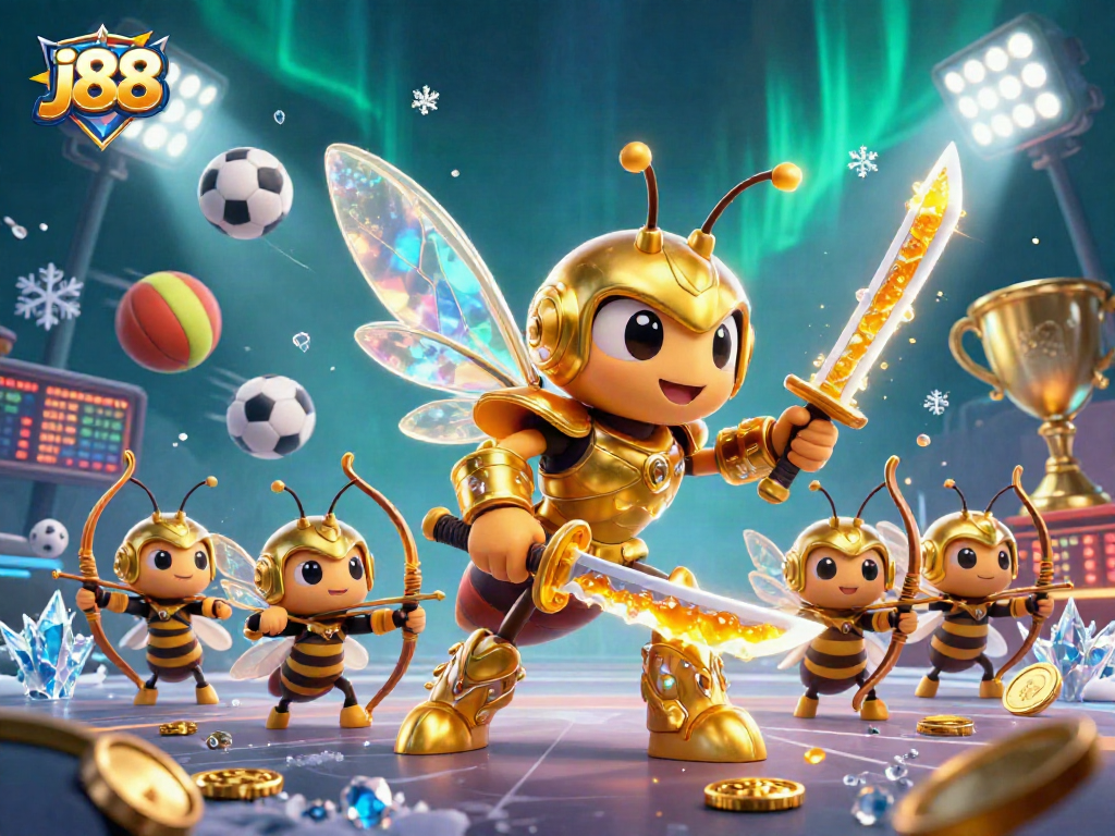 Engage in j88 gaming excitement with a vibrant 3D scene of casino characters and sports elements.
