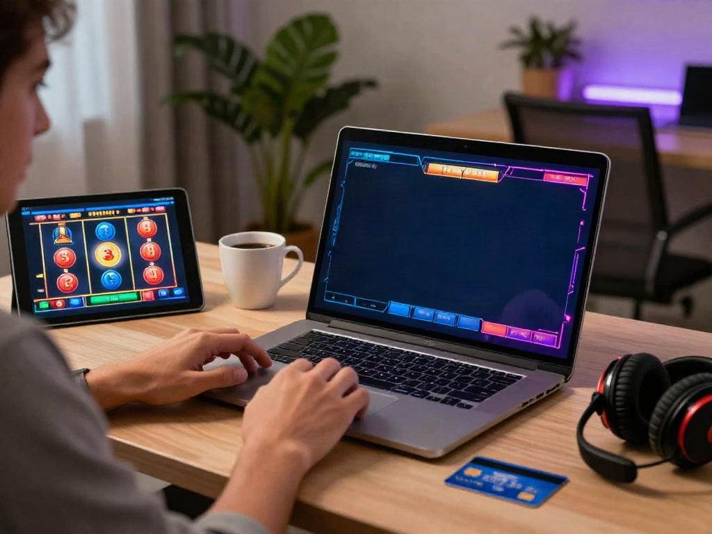 Experience online credit card casinos with vibrant gameplay and a cozy atmosphere in a modern home office.